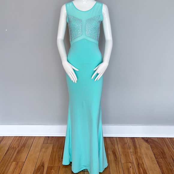 NWOT MISS MOI Sexy Evening Prom Wedding Party Gown Mint Dress Crystals Mesh S - Picture 3 of 15